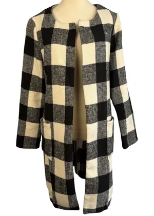 Buffalo Plaid Open Front Cardigan Coat Black‎ White Womens Large Office Preppy thumbnail 1