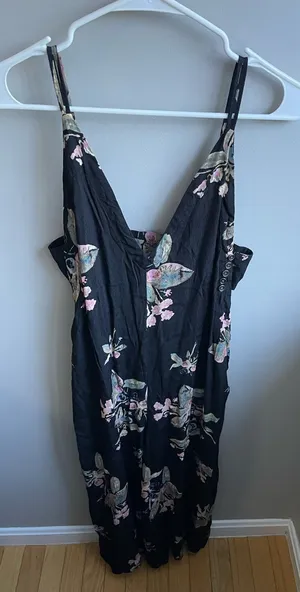 Free People Black Floral Slip Jumpsuit with Pink Floral Accents thumbnail 1