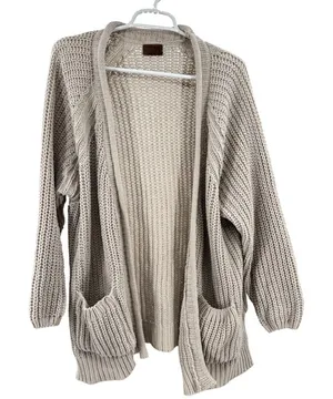 POL Beige Knit Women's Cardigan knit oversized open front M neutral casual thumbnail 1