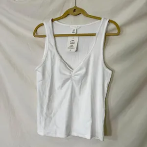 H&M White Ribbed Ruched Tank Top Organic Cotton US XL thumbnail 3