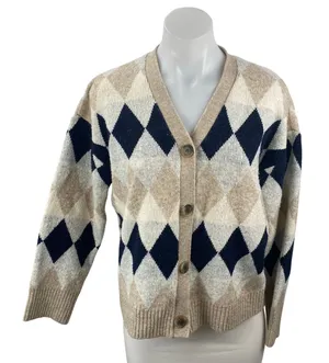 Zizae Women's Beige Argyle Diamond Long Sleeve Button Up Cardigan Sweater Size M thumbnail 1