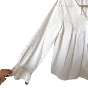 JOIE Kalyssa Pleated‎ Eyelet Blouse White Sz Medium thumbnail 3