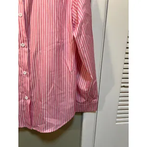 Womens Sz Medium Button Down Shirt Pink White Stripes Satin Long Sleeve Collared thumbnail 4