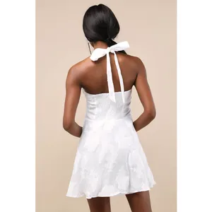 NWT Lulus Bonni White Floral Jacquard Halter Mini Dress Engagement Party Size XL thumbnail 3