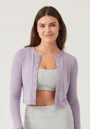 NWT Outdoor Voices Cozy Rib Crop Cardigan Earl Grey Size Small thumbnail 1