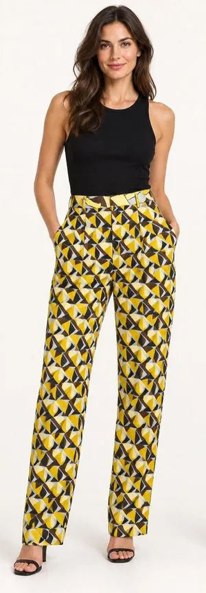 ZARA Women’s S Geometric Print Straight Leg Pants Yellow Brown Retro thumbnail 1