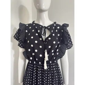 Zara Polka Dot Mini Dress Black White Ruffle Sleeve V-Neck Boho Summer Tassel XS thumbnail 3