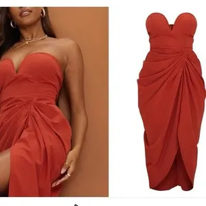 PRETTYLITTLETHING Rust Satin Strapless Ruched Side Slit Midi Dress Size 6 thumbnail 3
