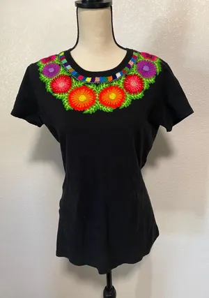 Embroidered Colorful Floral Mexican Blouse Black Size XL thumbnail 1