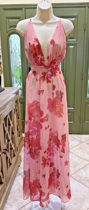Pink Floral Deep V Maxi Dress | Size Small thumbnail 1