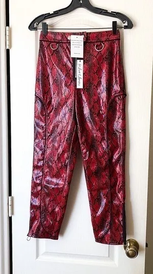 For Love‎ & Lemons Claude Faux Snakeskin Moto Pants Red XS NWT thumbnail 1