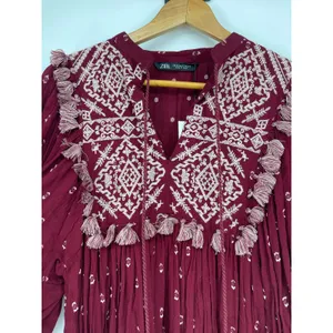 NWT Zara‎ Boho Embroidered Tassel Mini Dress XS Wine Red Peasant thumbnail 6