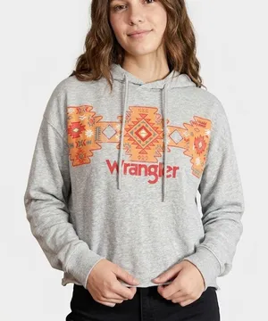 Wrangler‎ Retro Womens Size XL Southwestern Cropped Hoodie Gray Aztec Cowgirl thumbnail 1