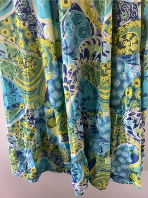 Y2K Tropical Strapless Blue Green Smocked Midi Dress Large 100% Cotton Resort thumbnail 3