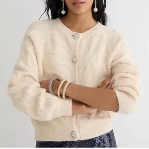 J. Crew Wool Alpaca Cable Knit Cardigan Sweater Jewel Buttons Cream Beige Medium thumbnail 2