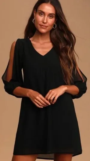 Lulus Shifting Dears Black Split Long Sleeve Cold Shoulder Mini Dress Size M thumbnail 1