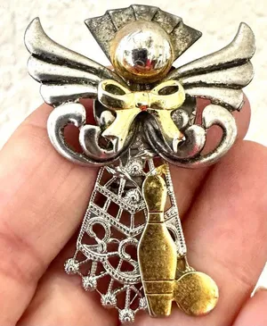 Vintage angel bowling silver and gold tone brooch thumbnail 1