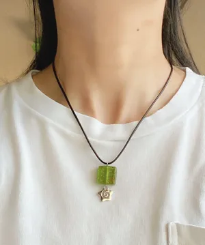 Handmade hippie funky fairy boho style green square glass bead & Swirl heart charm unisex necklace🟩🌳🍃🌀 thumbnail 7