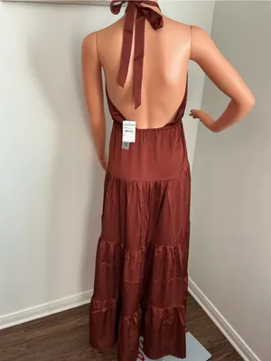 Love by Design Brown Satin Halter Tiered Maxi Dress XS NWT thumbnail 4
