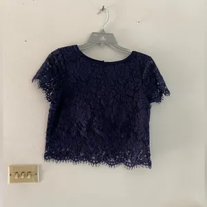 Lulus Turn Back Time Lace Two-Piece Crop Top Mini Skirt Set Small Navy thumbnail 5