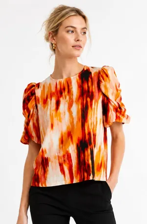 DKNY Smudge Print Puff Sleeve Orange Pink Abstract Quiet Luxury Top NEW M thumbnail 1
