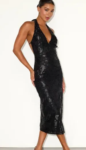 Lulu's Black Sequin Halter V-Neck Midi Dress thumbnail 1