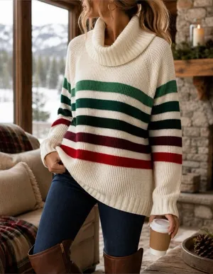 Cozy Cream Cowl Neck Striped Sweater thumbnail 1