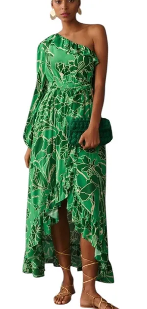 FARM Rio Tropical Green One-Shoulder Ruffle Midi Dress Size XS thumbnail 1