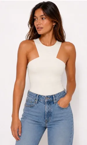 Abercrombie & Fitch White Bodysuit Soft A&F Cutout High Neck Racerback Medium thumbnail 1