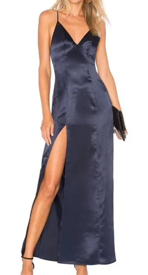 REVOLVE Privacy Please Navy Satin Slit Maxi Formal Dress thumbnail 1