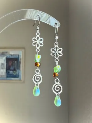 Handmade quality glass beads & flower fairy boho cottage whimsical dangle earrings 💐🍃 thumbnail 1