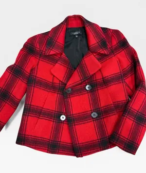Talbots Red Black Plaid Wool Double Breasted Peacoat Size 2 thumbnail 1