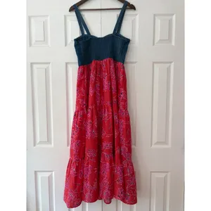 BOG Collective Denim Floral Bustier Maxi Dress Red Pink Mixed Media Tiered L thumbnail 2
