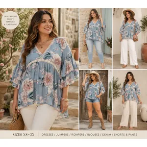 Umgee Floral Babydoll Tunic Top Blue Pink Ruffle Bell Sleeve Boho L thumbnail 2