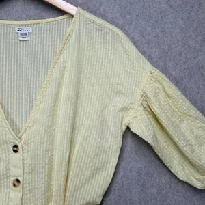 Billabong Womens Yellow Striped Puff Sleeve Button Front Seersucker Romper Sz‎ S thumbnail 4