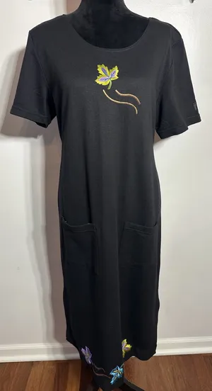 Foot Prints Maxi Dress Size Small Black Leaves Embroidered Lagen Harvest Pockets thumbnail 1