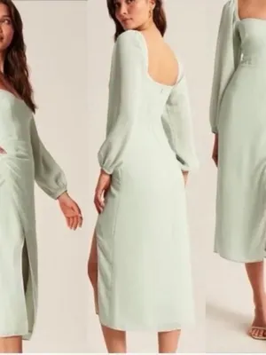 Abercrombie & Fitch Long-Sleeve Draped Skirt Midi Dress Mint Green - Large‎ thumbnail 2