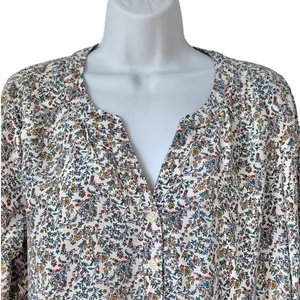 Old Navy Cream Yellow Blue Floral Split-Neck Button Long Sleeve Blouse Size M thumbnail 8