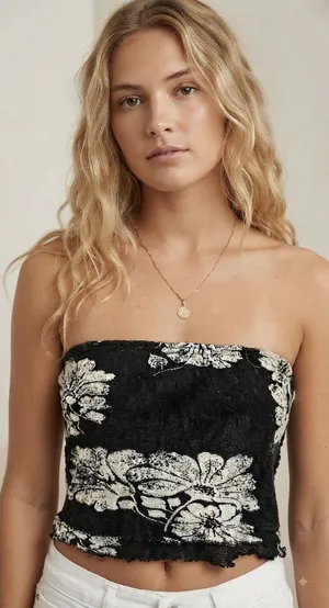 Free People Tube Top Women L Black Floral Strapless Smocked Mesh OB1174031 thumbnail 1