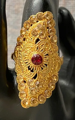 Vintage Ornate Wide Gold Tone Filigree Statement Ring Red Gemstone Adjustable thumbnail 1