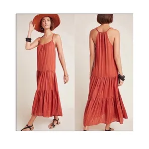 Anthropologie Frye x Alyssa Tiered Maxi Dress Copper Metallic Stripe Medium thumbnail 5