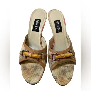 VANELI Tan/Beige Floral Canvas/Leather Slides Mules Heels Shoes - Size 8.5 Slim thumbnail 4