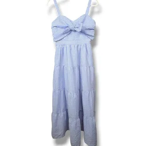 English Factory Blue White Stripe Seersucker Pattern Tier Knot Front Maxi Dress thumbnail 2