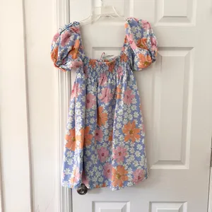 Sabo Skirt Blue Orange Pink Sky Floral Bambina Mini Puff Sleeve Dress Small thumbnail 8