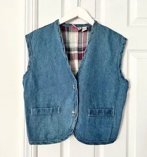 Metro Express Vintage Denim Chambray Red Plaid Flannel Back Button Vest L 14/16 thumbnail 1