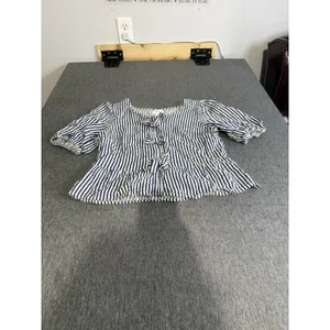 Japna Blue White Striped Tie Front Bow Puff Short Sleeve Square Neck Blouse M thumbnail 2