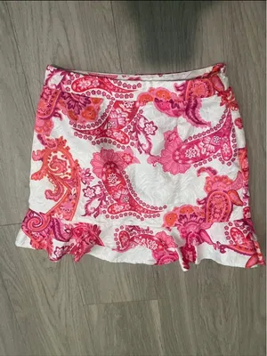 SHEIN White Mini Skirt with Pink & Orange Paisley Ruffles thumbnail 3