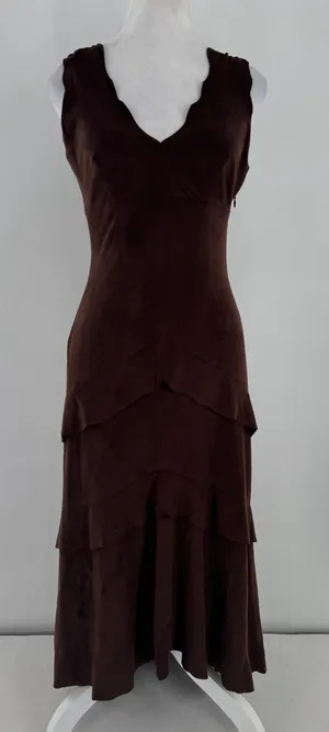 Bebe Vintage Y2K Brown Faux Suede Maxi Dress XS Tiered Ruffle Bodycon Made USA thumbnail 1