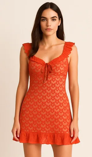Fab'rik Red Floral Lace Embroidered V Neck Ruffle Sleeve A Line Mini Dress L thumbnail 1