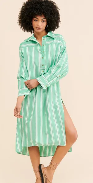 NWT Anthropologie Mint Green and White Striped Midi Shirt Dress Cotton thumbnail 1